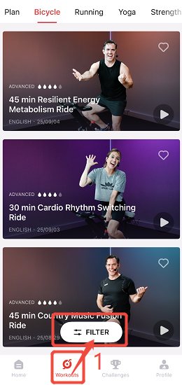 Список видеозанятий для велотренажёра и кнопка фильтра в приложении YESOUL Fitness