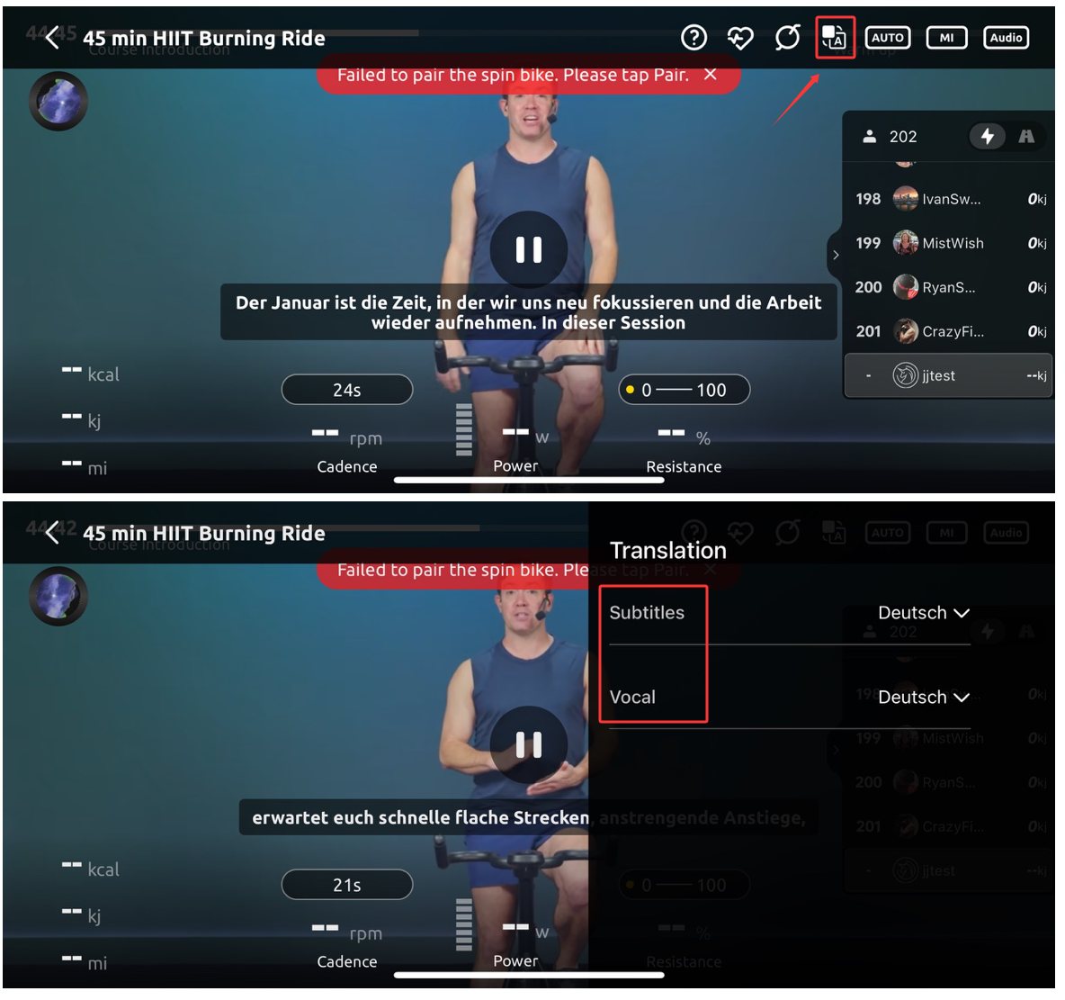 Выбор языка субтитров и озвучки на экране видеозанятия YESOUL Fitness
